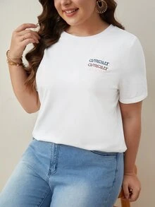 SHEIN Frenchy Plus Letter Embroidery Tee - White - View 2