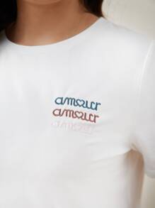 SHEIN Frenchy Plus Letter Embroidery Tee - White - View 3