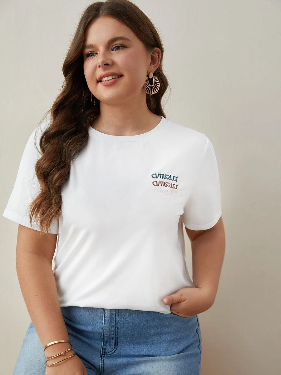 SHEIN Frenchy Plus Letter Embroidery Tee - White - View 1