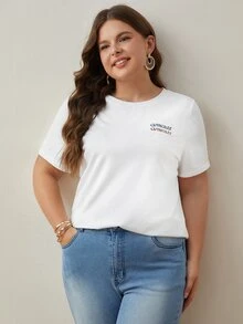 SHEIN Frenchy Plus Letter Embroidery Tee - White - View 4