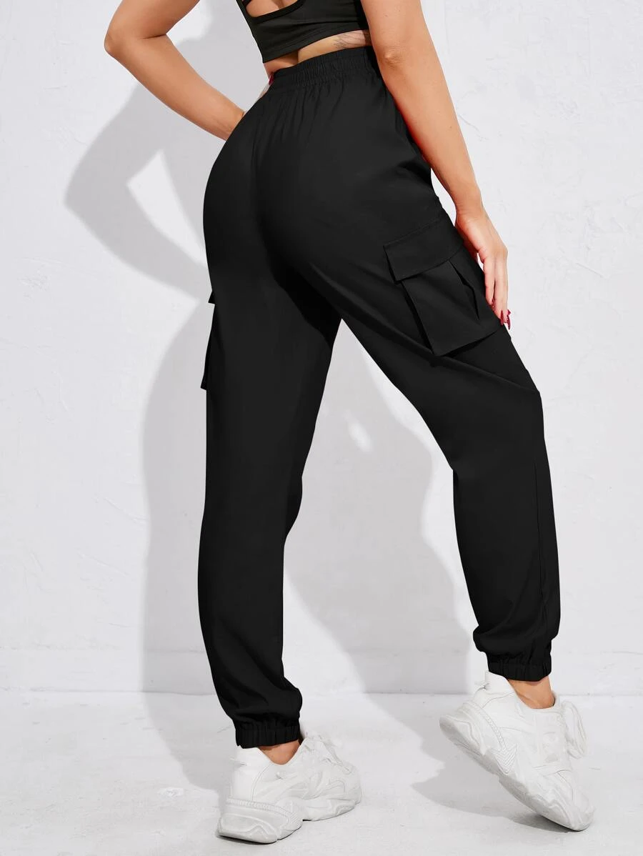 Yoga Futuristic Flap Pocket Side Elastic Waist Cargo Trousers - Black - View 1