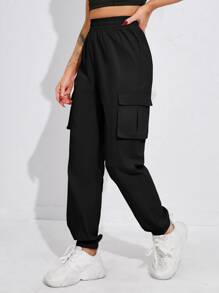 Yoga Futuristic Flap Pocket Side Elastic Waist Cargo Trousers - Black - View 2