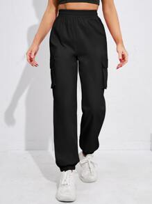 Yoga Futuristic Flap Pocket Side Elastic Waist Cargo Trousers - Black - View 3
