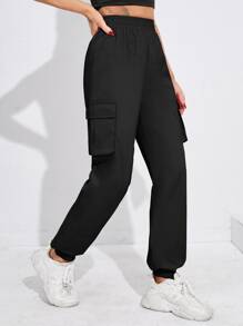 Yoga Futuristic Flap Pocket Side Elastic Waist Cargo Trousers - Black - View 5