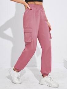 Flap Pocket Side Elastic Waist Cargo Trousers - Dusty Pink - View 5