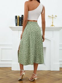 SHEIN Frenchy 單肩短款上衣和小碎花高衩半身裙 - 薄荷綠 - 查看 2