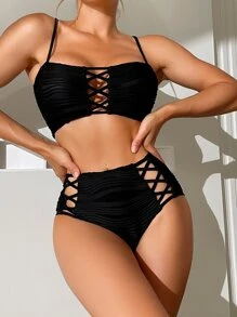 Bikini De Mujer Con Top De Gasa Y Parte Alta Cintura - Tirantes Ajustables, Textura Elegante, Para Playa Y Piscina