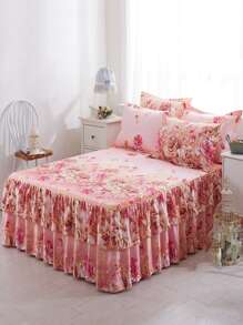 1入組粉色雙面印花加厚柔軟透氣床墊套（單人床裙）帶束帶，柔軟超細纖維填充，防皺保護套方便拆卸 - 藍色 - 查看 1