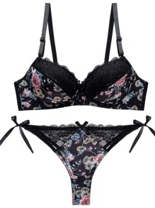 Floral Print Contrast Lace Underwire Lingerie Set - Black - View 1