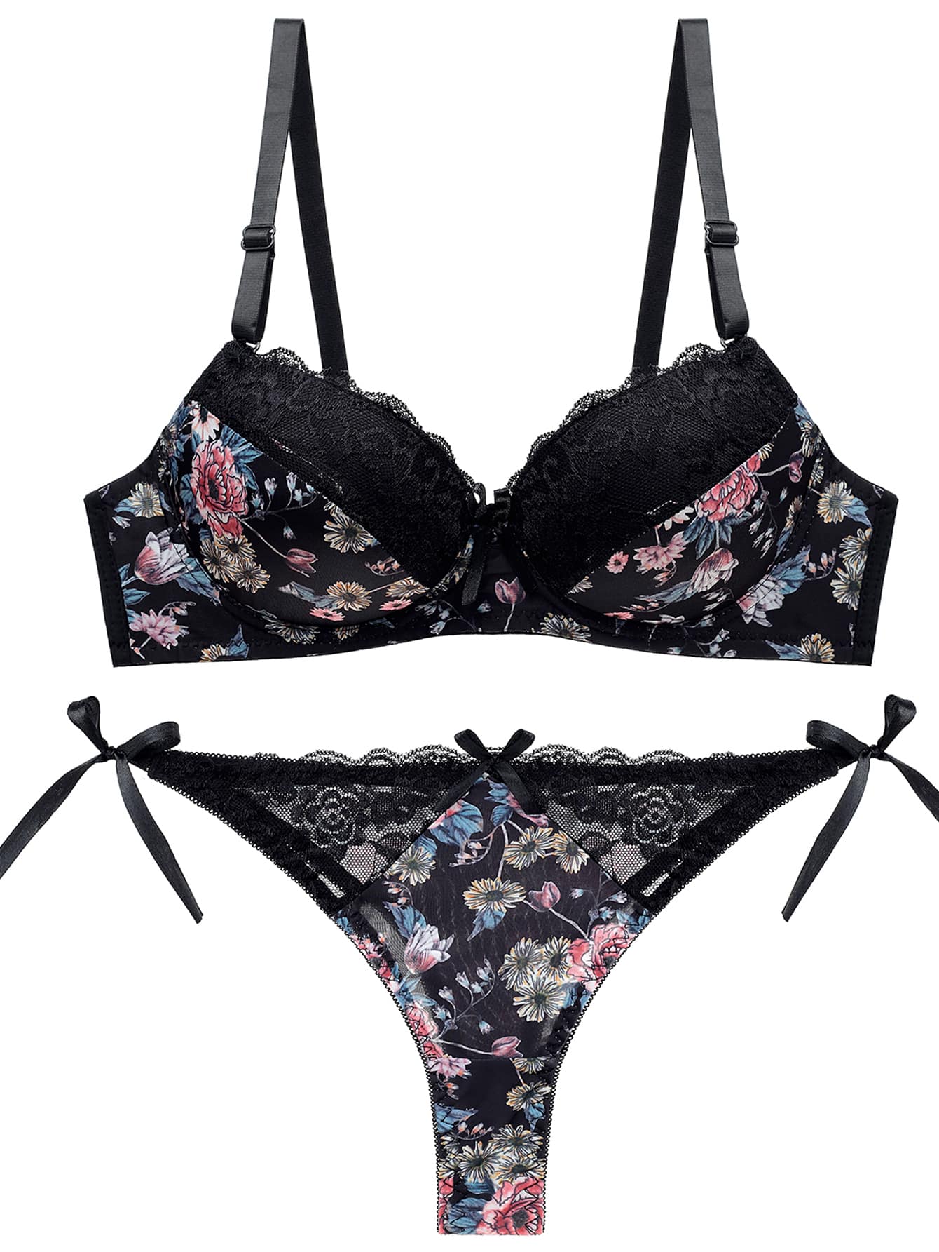 Floral Print Contrast Lace Underwire Lingerie Set - Black - View 1