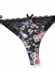 Floral Print Contrast Lace Underwire Lingerie Set - Black - View 5