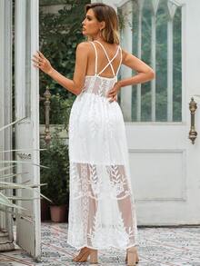 Acelitt Đầm Lộ Lưng Tương phản ren Hội Chữ thập màu trơn Thanh lịch - trắng - Xem 3