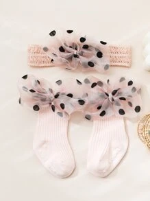 1 đôi tất trang trí nơ cho bé & 1 băng đô - Màu Hồng baby - Xem 1