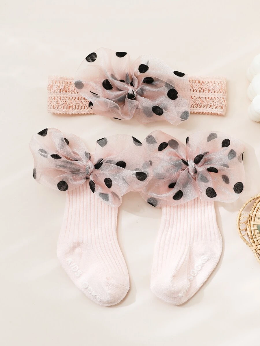 1 đôi tất trang trí nơ cho bé & 1 băng đô - Màu Hồng baby - Xem 1