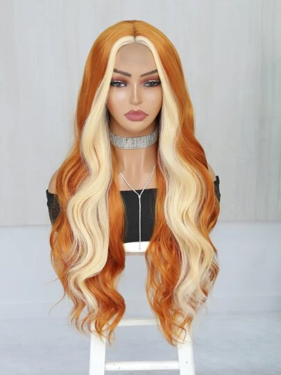 1pc 26inch Ginger Mix Color Small Lace Body Wave Synthetic Heat Resistant Wig For Women Daily Use