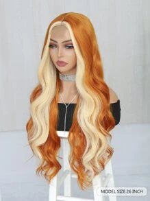 1 件装 26 英寸姜黄色混色小蕾丝波浪卷发合成耐热假发适合女士日常使用 - 拼色 - 查看 3