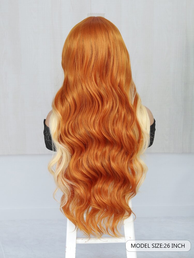 1pc 26inch Ginger Mix Color Small Lace Body Wave Synthetic Heat Resistant Wig For Women Daily Use - Two-Tone - View 4
