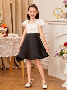 SHEIN Girls Puff Sleeve Square Neck Dress - Black and White - View 6