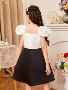 SHEIN Girls Puff Sleeve Square Neck Dress - Black and White - View 2