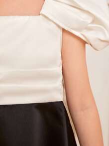 SHEIN Girls Puff Sleeve Square Neck Dress - Black and White - View 4