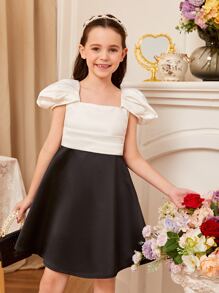 SHEIN Girls Puff Sleeve Square Neck Dress - Black and White - View 5