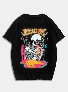 ROMWE MEN Guys Skull & Letter Graphic Tee - Black - View 1