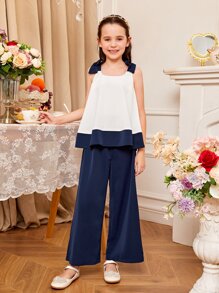 SHEIN Girls Two Tone Bow Shoulder Cami Top & Wide Leg Trousers - Blue and White - View 1
