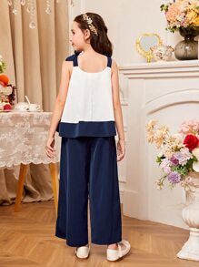 SHEIN Girls Two Tone Bow Shoulder Cami Top & Wide Leg Trousers - Blue and White - View 2