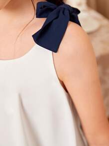 SHEIN Girls Two Tone Bow Shoulder Cami Top & Wide Leg Trousers - Blue and White - View 5