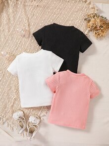 Bebé 3 piezas Camiseta con diseño de parche de letra tejido de canalé - Multicolor - Ver 2