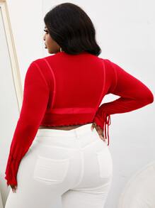 Slaydiva 大碼木耳邊前打結不對稱下擺網紗上衣 - 紅色 - 查看 2