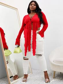 Slaydiva 大碼木耳邊前打結不對稱下擺網紗上衣 - 紅色 - 查看 3