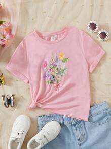 SHEIN Girls Floral Print Tee - Baby Pink - View 1