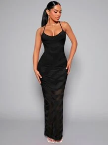 SHEIN SXY Allover In Lưới Cami Bodycon Váy Mùa Thu - màu đen - Xem 1