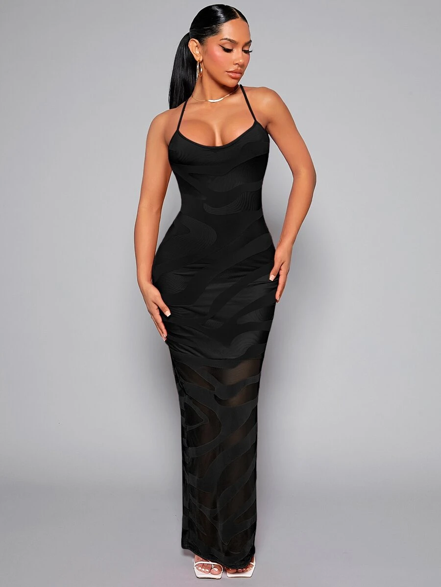 SHEIN SXY Allover In Lưới Cami Bodycon Váy Mùa Thu - màu đen - Xem 1