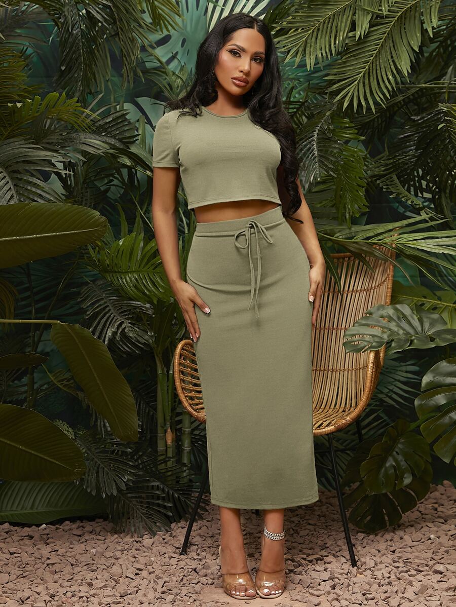 SHEIN SXY Solid Crop Tee & Knot Waist Skirt - Army Green - View 1