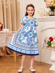SHEIN Girls Floral Print Square Neck Puff Sleeve Dress - Blue and White - View 1