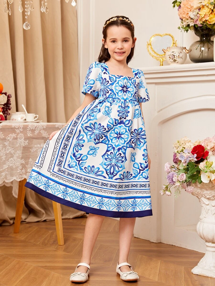 SHEIN Girls Floral Print Square Neck Puff Sleeve Dress - Blue and White - View 1
