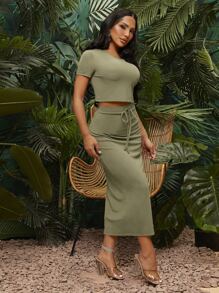 SHEIN SXY Solid Crop Tee & Knot Waist Skirt - Army Green - View 4