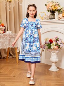SHEIN Girls Floral Print Square Neck Puff Sleeve Dress - Blue and White - View 3