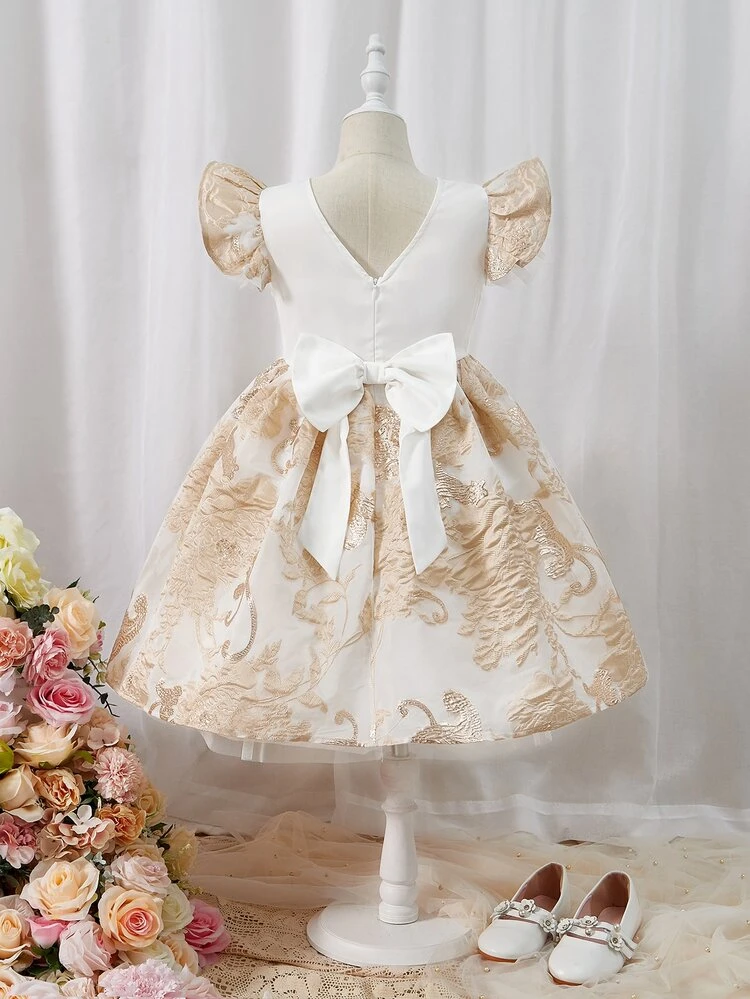 Girls Floral Jacquard Ruffle Trim Mesh Overlay Dress