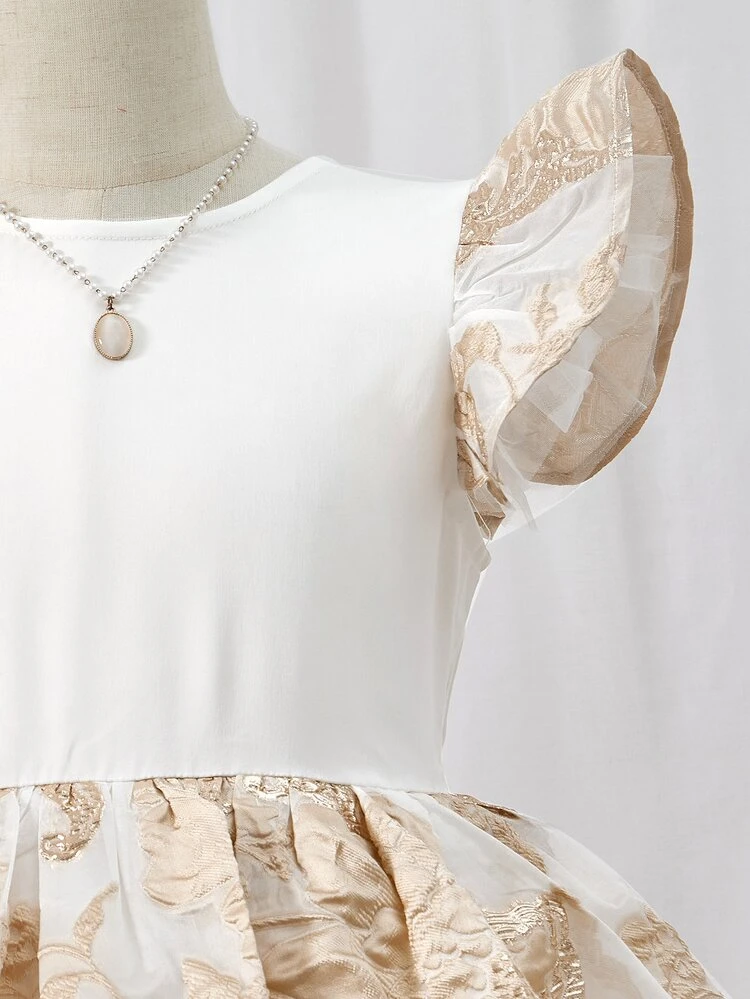 Girls Floral Jacquard Ruffle Trim Mesh Overlay Dress