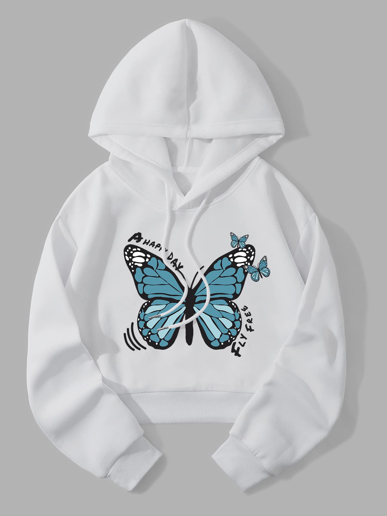 SHEIN EZwear Butterfly Print Thermal Lined Drawstring Crop Hoodie - White - View 1