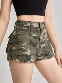 SHEIN 青少年女孩迷彩印花翻蓋口袋牛仔短褲