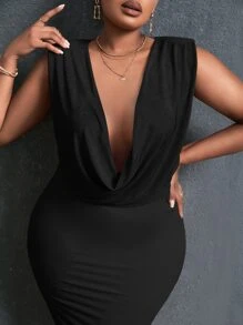 Slaydiva Plus Draped Plunge Neck Tank Top - Black - View 1