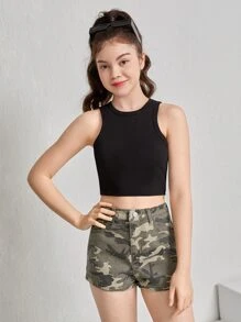 SHEIN 青少年女孩迷彩印花翻蓋口袋牛仔短褲