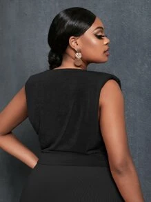 Slaydiva Plus Draped Plunge Neck Tank Top - Black - View 2