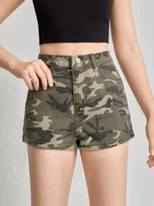 SHEIN 青少年女孩迷彩印花翻蓋口袋牛仔短褲