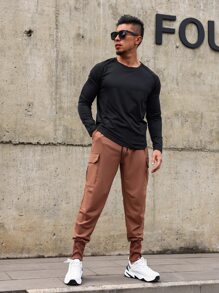 Men Flap Pocket Side Drawstring Waist Cargo Trousers - Brown - View 5