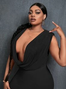 Slaydiva Plus Draped Plunge Neck Tank Top - Black - View 5